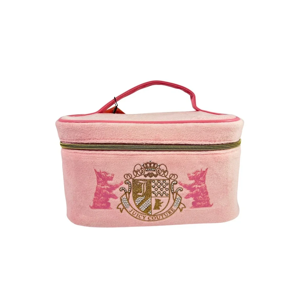 Juicy Couture Pink Velour Train Case Makeup Bag Scottie Dog Crest Rhinestone NWT